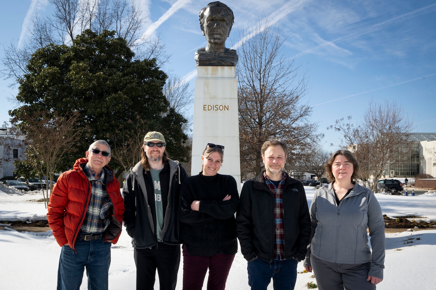 The Very Large Array Low-band Ionosphere and Transient Experiment (VLITE) team, Namir Kassim, left, Emil Polisensky, Simona Giacintucci, Joe Helmboldt and Tracy Clarke, pose for a group photo at the U.S. Naval Research Laboratory in Washington, Feb. 10, 2026. VLITE is marking its 11th year of operation, recording the low-frequency radio sky across an entire solar cycle and providing Naval Research Laboratory scientists with long-term ionospheric data. (U.S. Navy photo by Sarah Peterson)