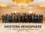 Chiefs of Defense and senior military representatives from 34 nations pose for a group photo during the first Western Hemisphere Chiefs of Defense Conference in Washington, D.C., February 11, 2026.