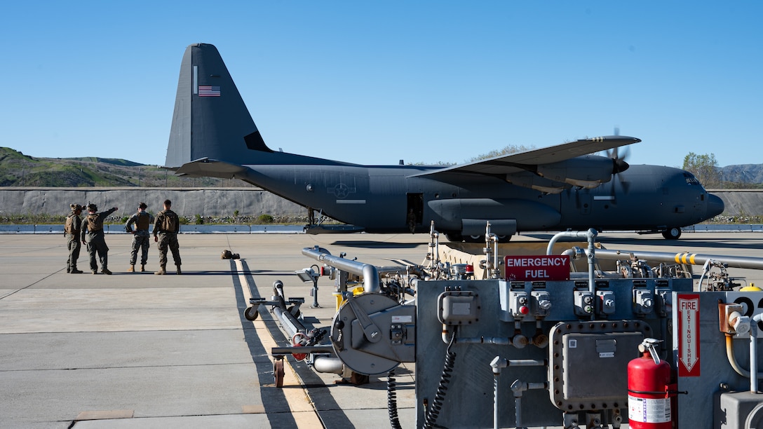 U.S. Marines assigned to the I Marine Expeditionary Force discuss Specialized Fuel Operations and C-130J Super Hercules hot-pit refueling procedures during the Spring 2026 C-130 Weapon System Council at Marine Corps Base Camp Pendleton, California, Feb. 4, 2026. The training generated data to improve fuel upload efficiency for future operations. (U.S. Air Force photo by Senior Airman Jade M. Caldwell)