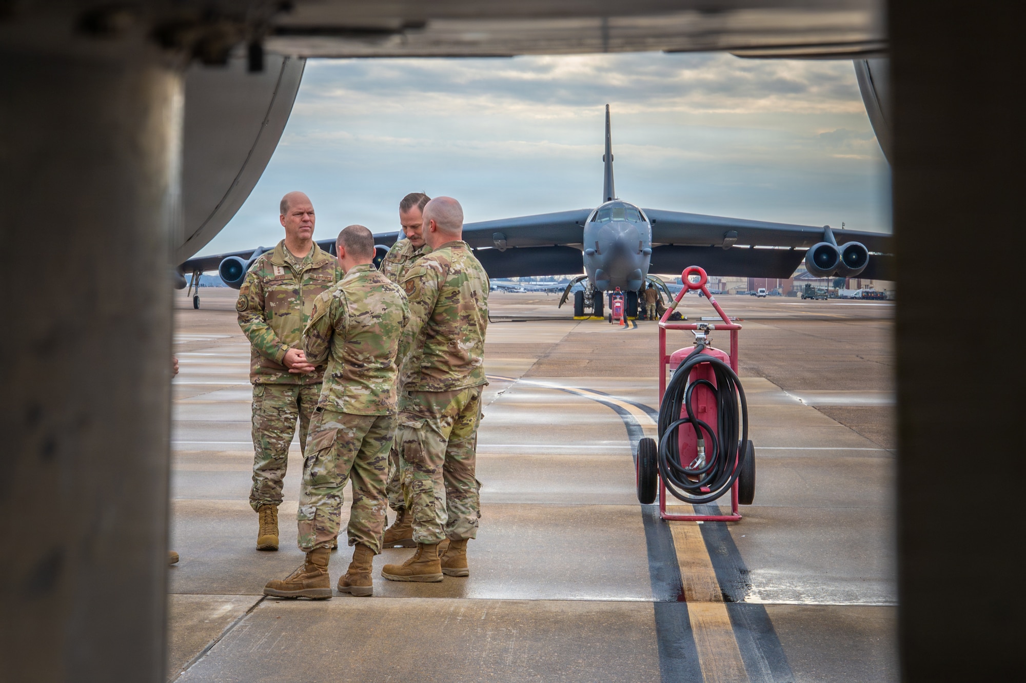 U.S. Air Force Gen. S.L. Davis, commander of Air Force Global Strike Command, meets with AFGSC members during a maintenance immersion at Barksdale Air Force Base, Louisiana, Dec. 17, 2025. Davis visited maintainers assigned to the 2nd Bomb Wing, to gain further insight into the critical role the 2nd Maintenance Group plays in providing combat-ready assets vital to national defense and deterrence. (U.S. Air Force photo by Airman 1st Class Preston Crawford)