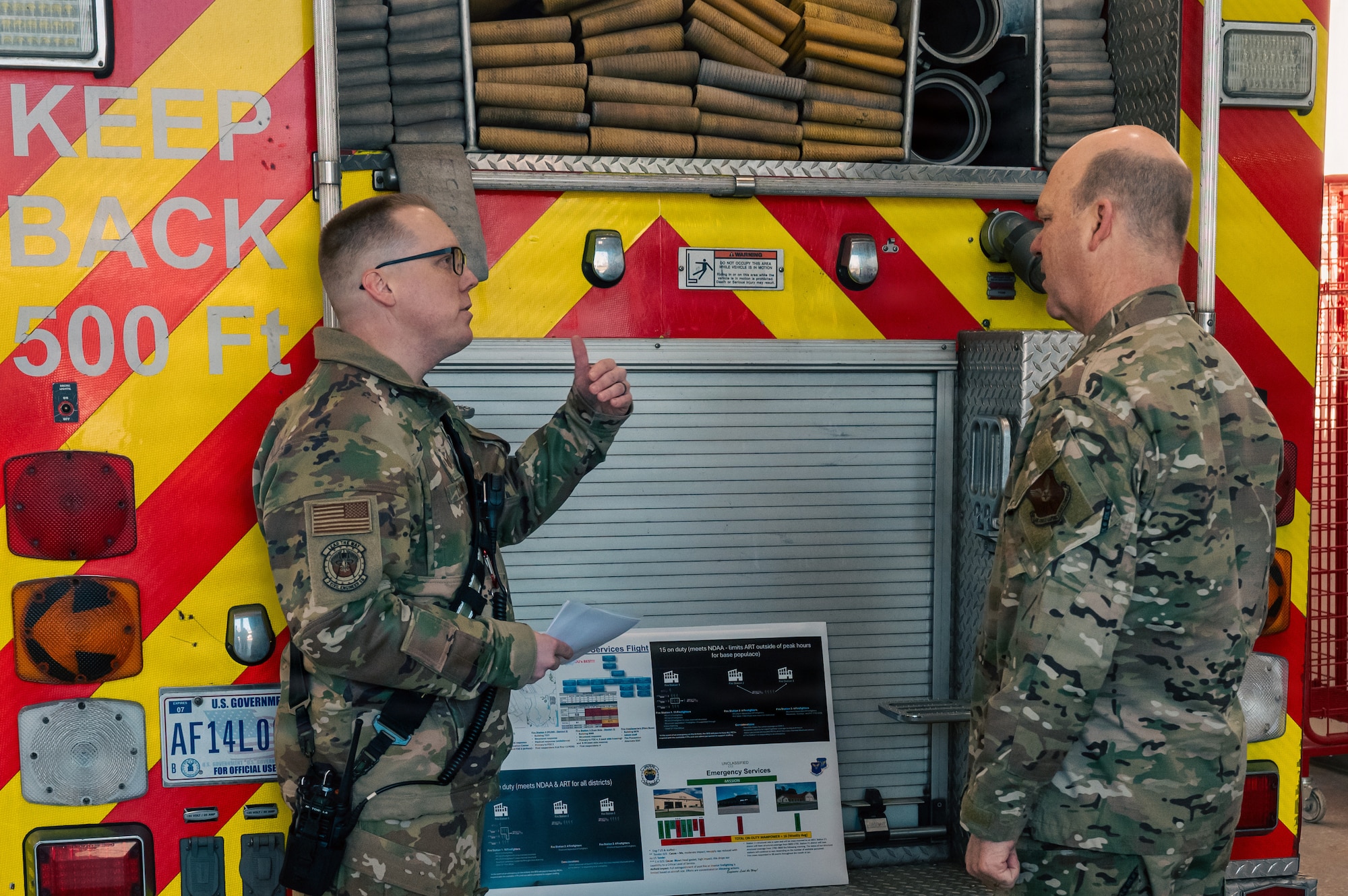 U.S. Air Force Gen. S. L. Davis, right, commander of Air Force Global Strike Command, talks with Tech. Sgt. William Connell, 2nd Civil Engineer Squadron firefighter, during a visit to Fire Station 2 at Barksdale Air Force Base, Louisiana, Feb. 4, 2026. During his visit, Davis spoke with 2 CES Airmen about their unit’s role in protecting AFGSC assets and opportunities to be more effective. (U.S. Air Force photo by Senior Airman Seth Watson)