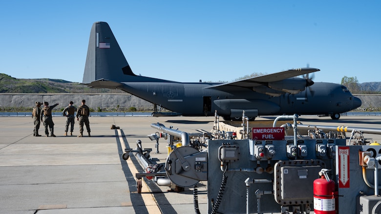 U.S. Marines assigned to the I Marine Expeditionary Force discuss Specialized Fuel Operations and C-130J Super Hercules hot-pit refueling procedures during the Spring 2026 C-130 Weapon System Council at Marine Corps Base Camp Pendleton, California, Feb. 4, 2026. The training generated data to improve fuel upload efficiency for future operations. (U.S. Air Force photo by Senior Airman Jade M. Caldwell)