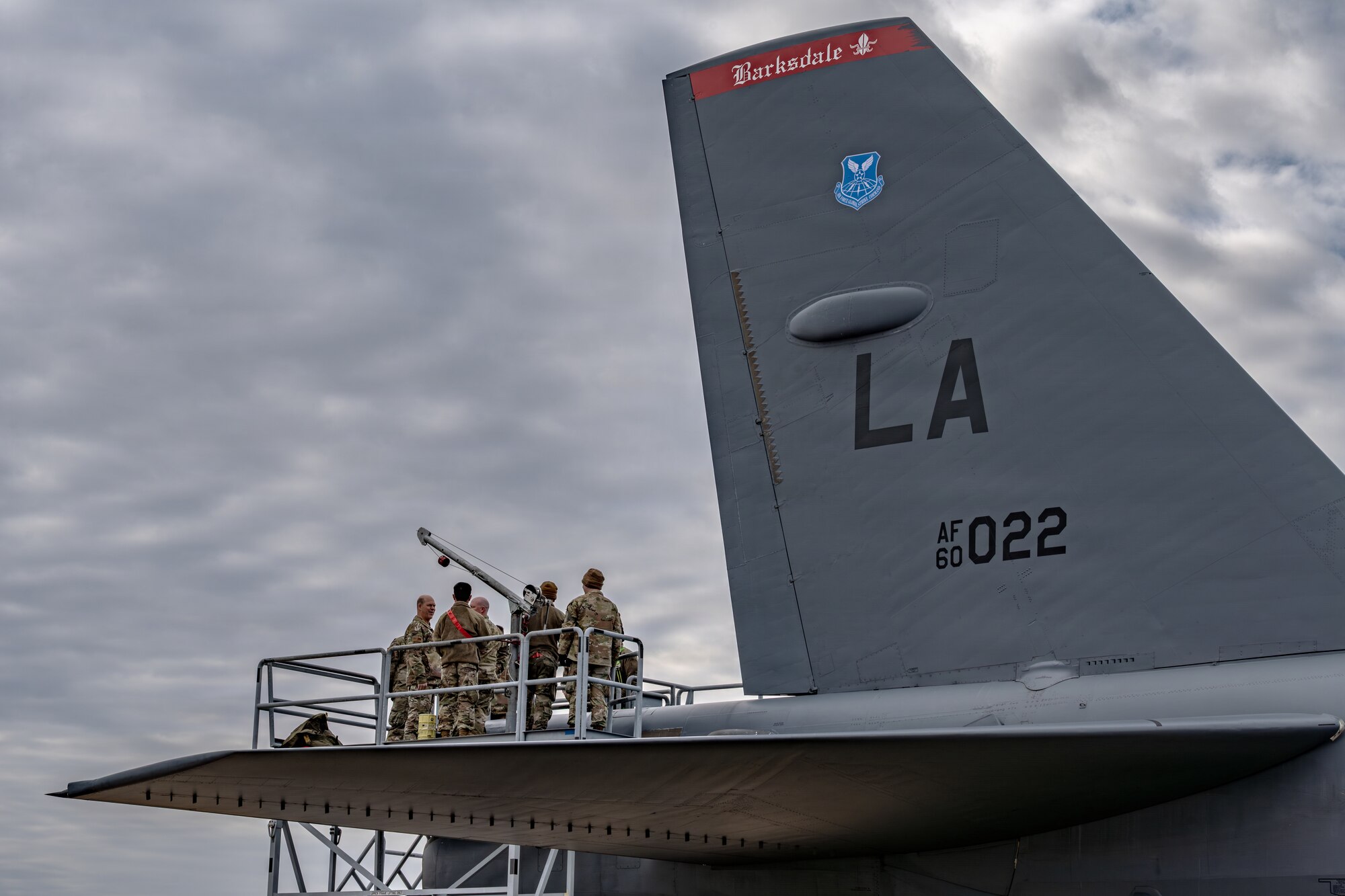 U.S. Air Force Gen. S.L. Davis, commander of Air Force Global Strike Command, meets Airmen from the 96th Bomber Generation Squadron during a maintenance immersion at Barksdale Air Force Base, Louisiana, Dec. 17, 2025. During his immersion with the 2nd Maintenance Group, Davis saw firsthand how the 2nd Bomb Wing ensures the readiness of the worlds largest B-52 fleet. (U.S. Air Force photo by Airman 1st Class Devyn Taylor)