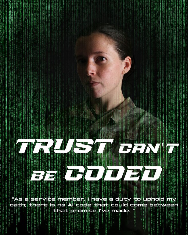 A woman in uniform poses with green code