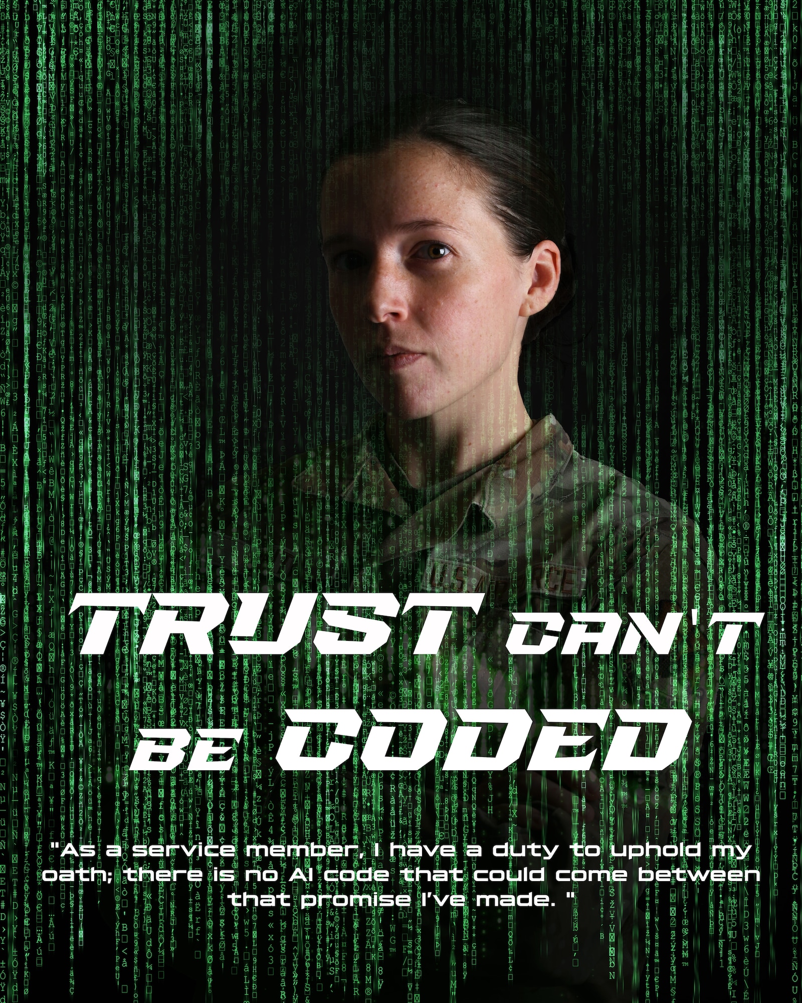 A woman in uniform poses with green code