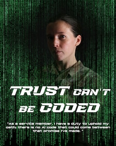A woman in uniform poses with green code