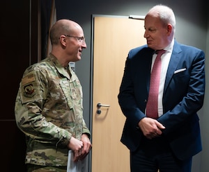 U.S. Air Force Lt. Gen. Jason T. Hinds, U.S. Air Forces in Europe – Air Forces Africa commander, greets Ambassador Jens Hanefeld, German Ambassador to the United States