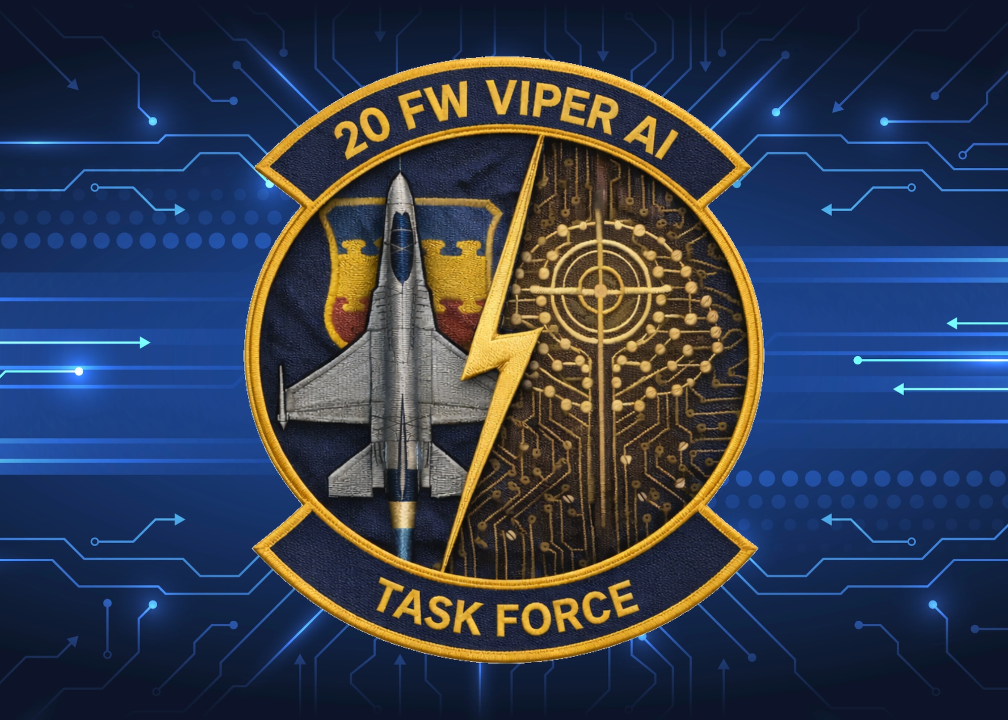 An AI-made duty patch with a jet over the victory by valor patch, a lightning bolt down the middle, and some technological links on the right side and in the blue background.