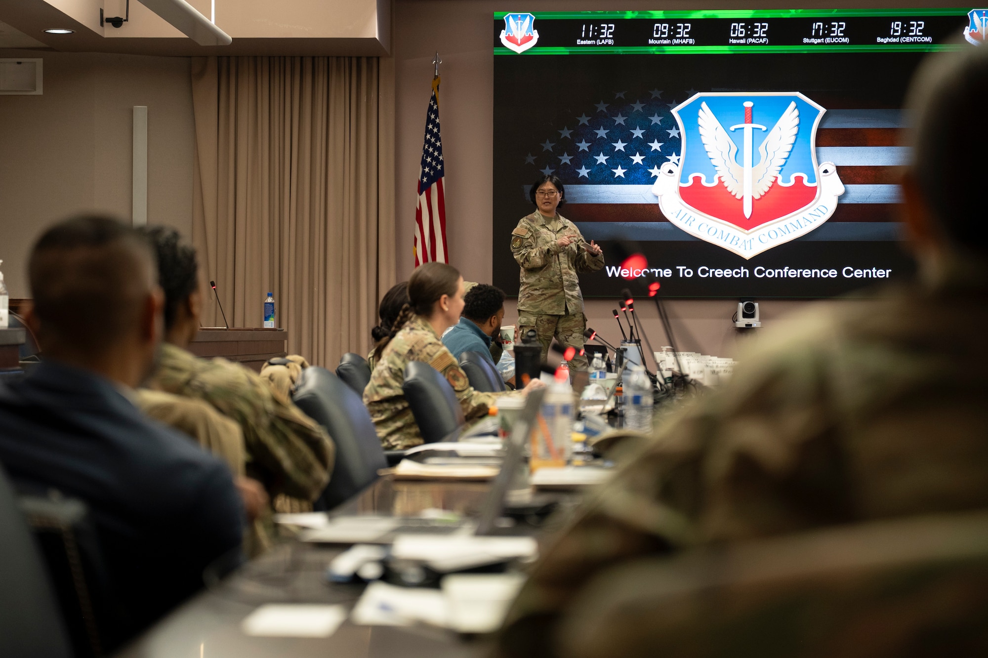Chief Master Sgt. Leah Anderson, executive for enlisted matters to the Assistant Secretary of the Air Force for Financial Management and Comptroller, speaks during the 2026 Air Combat Command Comptroller and Senior Enlisted Leader Summit.