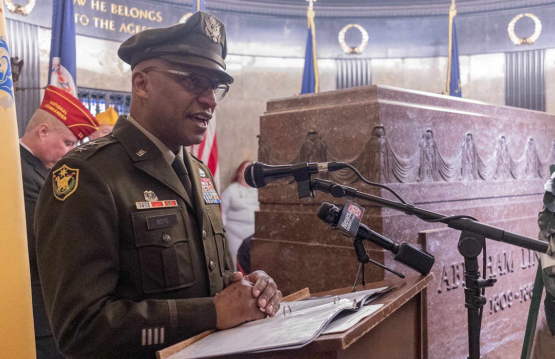 Maj. Gen. Rodney Boyd, The Adjutant General of Illinois and Commander of the Illinois National Guard, delivers remarks at the tomb of President Abraham Lincoln, Feb. 12 at Oak Ridge Cemetery in Springfield, Illinois.