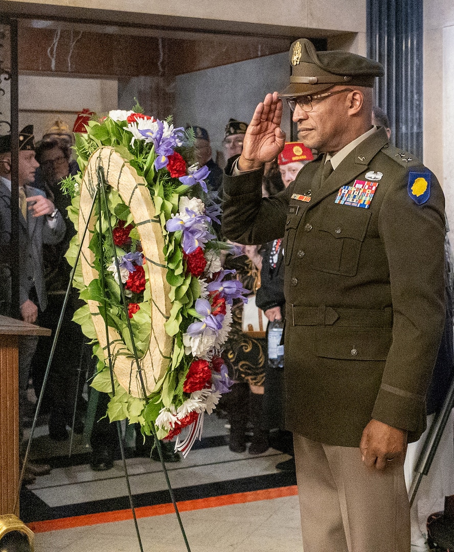 Maj. Gen. Rodney Boyd, the adjutant general of Illinois and commander of the Illinois National Guard, renders a salute after placing a wreath at the tomb of President Abraham Lincoln on behalf of President Donald J. Trump Feb. 12, 2026, as part of the 92nd annual American Legion Pilgrimage to Lincoln’s Tomb at Oak Ridge Cemetery in Springfield, Illinois.