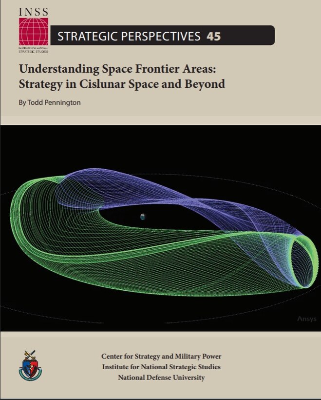 Cover of Strategic Perspectives 45, Stable (green) and unstable (purple) manifold arcs associated with an Earth-Moon L1 halo orbit in the circular-restricted three-body problem (CR3BP), illustrating low-energy dynamical pathways used for cislunar transfer design.