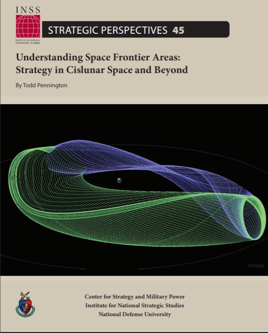 Cover of Strategic Perspectives 45, Stable (green) and unstable (purple) manifold arcs associated with an Earth-Moon L1 halo orbit in the circular-restricted three-body problem (CR3BP), illustrating low-energy dynamical pathways used for cislunar transfer design.