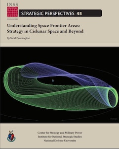 Cover of Strategic Perspectives 45, Stable (green) and unstable (purple) manifold arcs associated with an Earth-Moon L1 halo orbit in the circular-restricted three-body problem (CR3BP), illustrating low-energy dynamical pathways used for cislunar transfer design.