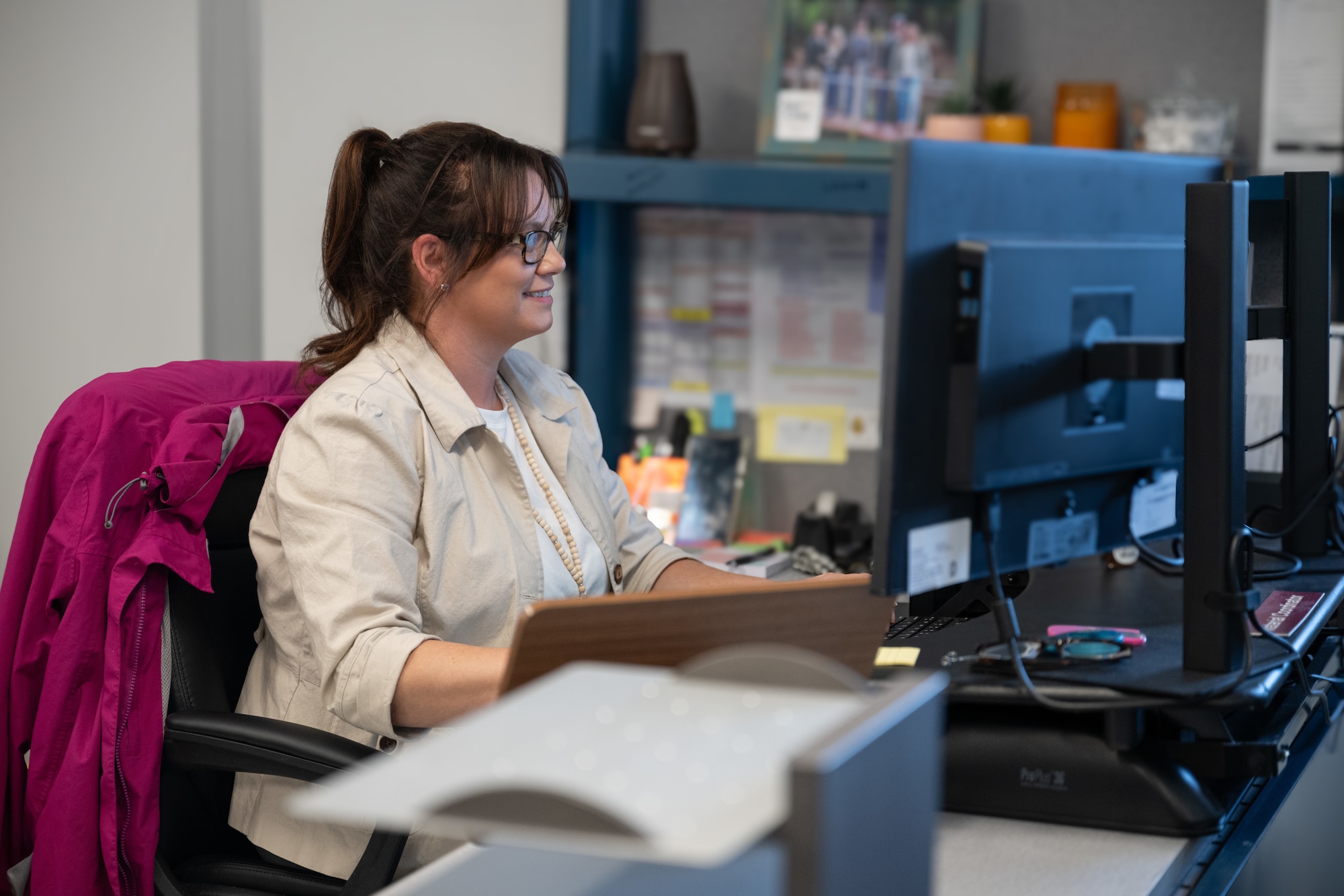 Cora Dees, material coordinator in the Arnold Air Force Base Transportation Management Office, inputs cargo shipment information February 9, 2026, at Arnold AFB, Tenn. The Transportation Management Office at Arnold will soon move away from a manual pen-and-paper method to an automated process for government cargo shipped from the installation. Any shipment that must go through the government transportation system will be affected by the change. (U.S. Air Force photo by Keith Thornburgh)