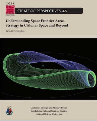 Cover of Strategic Perspectives 45, Stable (green) and unstable (purple) manifold arcs associated with an Earth-Moon L1 halo orbit in the circular-restricted three-body problem (CR3BP), illustrating low-energy dynamical pathways used for cislunar transfer design.