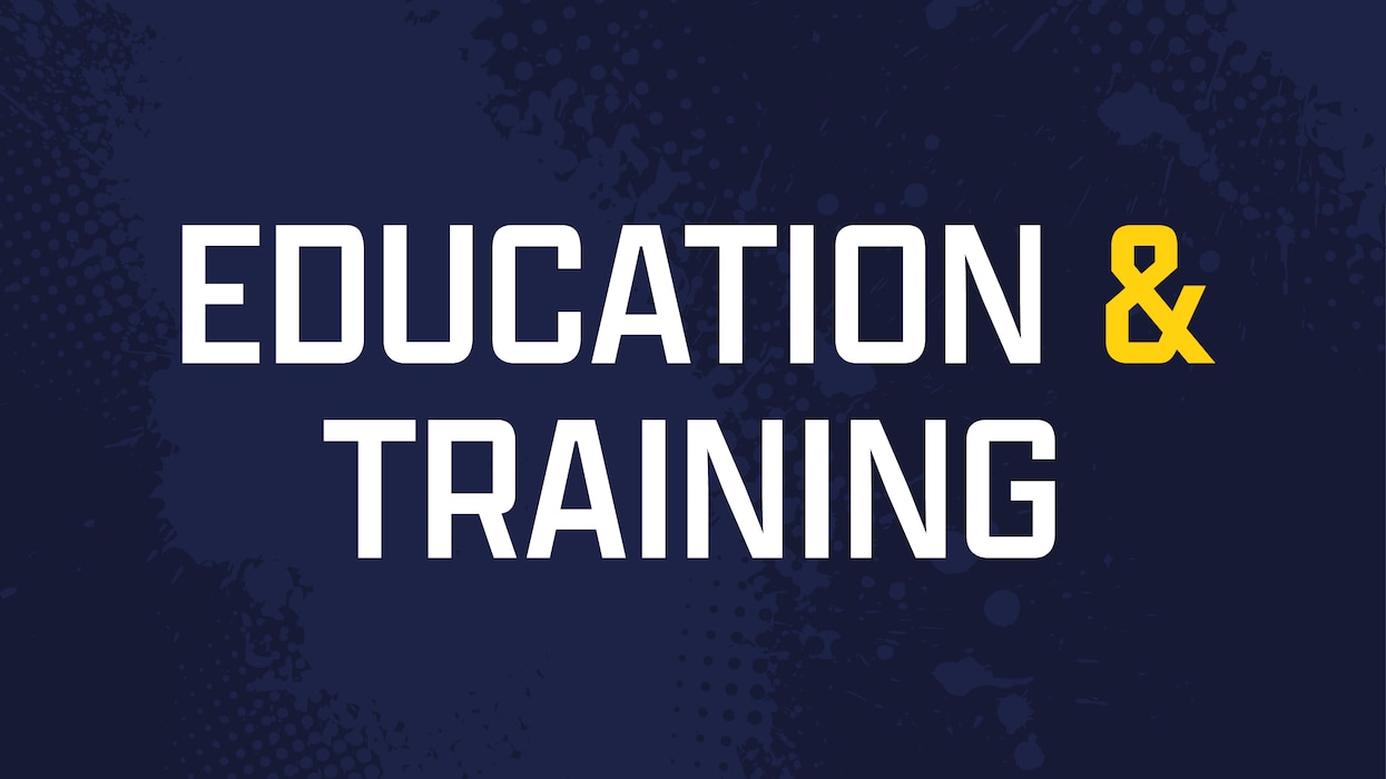 Education & Training graphic with white and yellow text on a dark purple background