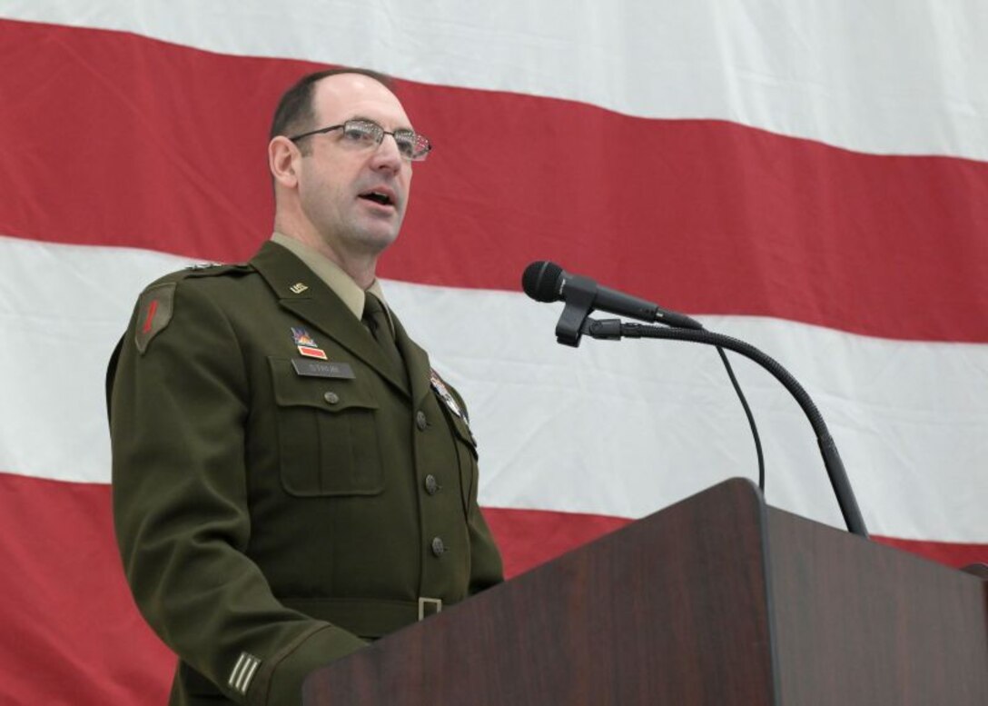 U.S. Army Maj. Gen. Matthew Strub, Wisconsin’s adjutant general, addresses attendees of the state’s deputy adjutant general for Air change of command ceremony Feb. 7, at Truax Field in Madison, Wisconsin. During the event, Brig. Gen. Bart Van Roo, former director of strategic plans and operations for the state of Wisconsin, assumed responsibility for more than 2,300 personnel serving in two flying wings and a combat readiness training center, and will serve as chief advisor to the adjutant general on all aspects of Wisconsin Air National Guard operations. (U.S. National Guard photo by Paul Gorman)