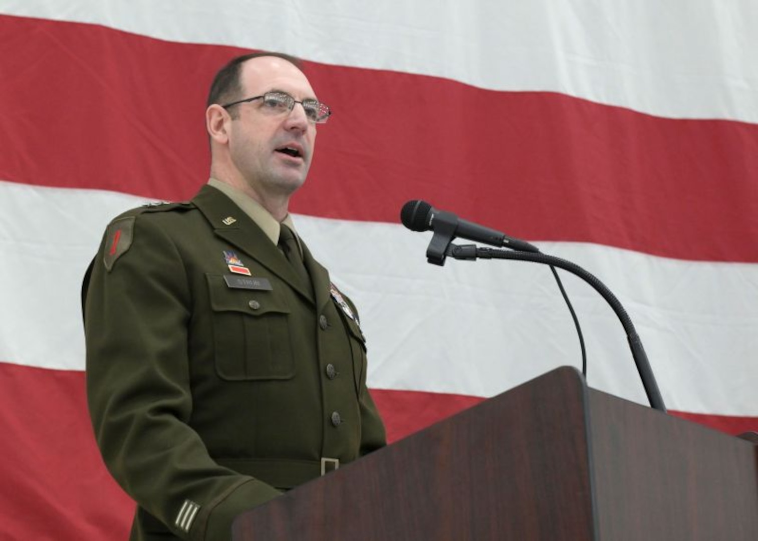 U.S. Army Maj. Gen. Matthew Strub, Wisconsin’s adjutant general, addresses attendees of the state’s deputy adjutant general for Air change of command ceremony Feb. 7, at Truax Field in Madison, Wisconsin. During the event, Brig. Gen. Bart Van Roo, former director of strategic plans and operations for the state of Wisconsin, assumed responsibility for more than 2,300 personnel serving in two flying wings and a combat readiness training center, and will serve as chief advisor to the adjutant general on all aspects of Wisconsin Air National Guard operations. (U.S. National Guard photo by Paul Gorman)