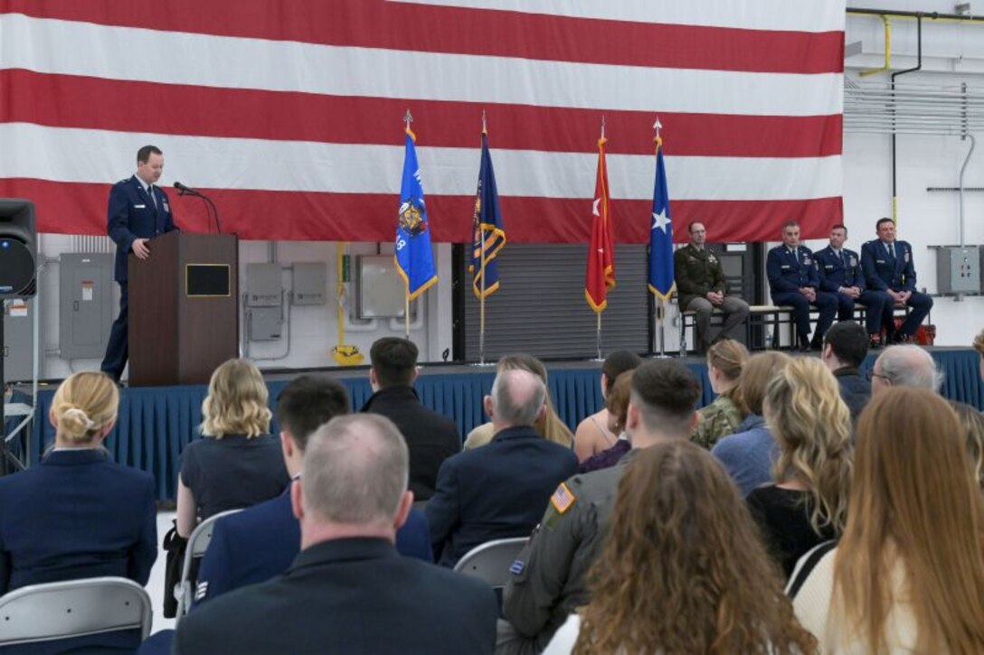 U.S. Air Force Brig. Gen. Bart Van Roo, Wisconsin’s newly appointed adjutant general for Air, addresses the audience during a change of command ceremony Feb. 7, at Truax Field in Madison, Wisconsin. During the event, Van Roo replaced Brig. Gen. Erik Peterson as commander of the Wisconsin Air National Guard. (U.S. National Guard photo by Paul Gorman)