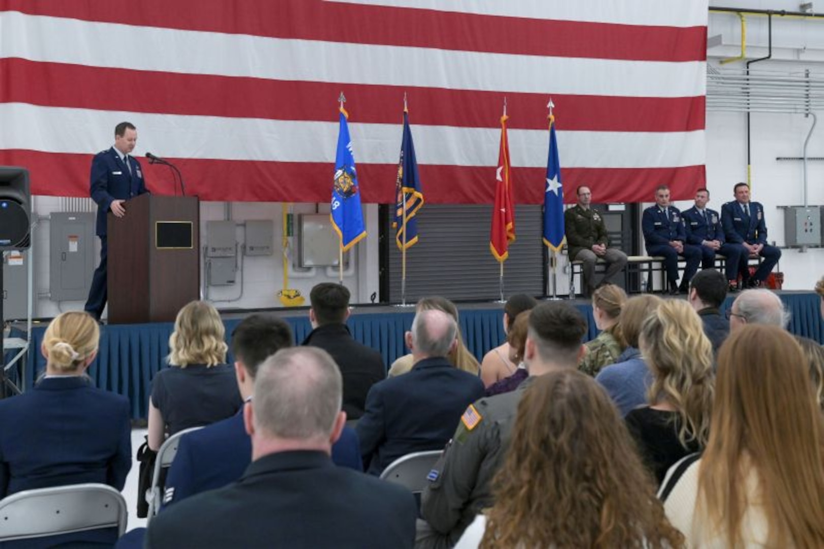 U.S. Air Force Brig. Gen. Bart Van Roo, Wisconsin’s newly appointed adjutant general for Air, addresses the audience during a change of command ceremony Feb. 7, at Truax Field in Madison, Wisconsin. During the event, Van Roo replaced Brig. Gen. Erik Peterson as commander of the Wisconsin Air National Guard. (U.S. National Guard photo by Paul Gorman)