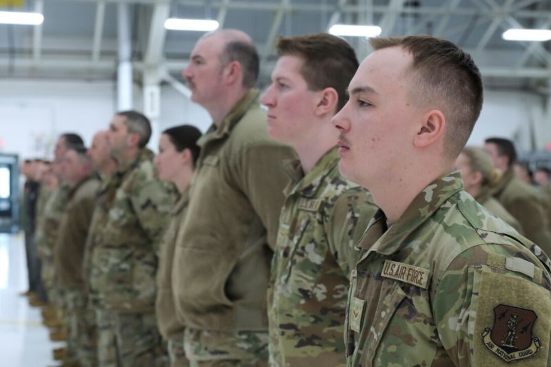U.S. Airmen assigned to the Wisconsin Air National Guard attend the state’s deputy adjutant general for Air change of command ceremony Feb. 7, at Truax Field in Madison, Wisconsin. During the event, Brig. Gen. Bart Van Roo, former director of strategic plans and operations for the state of Wisconsin, assumed responsibility for more than 2,300 personnel serving in two flying wings and a combat readiness training center, and will serve as chief advisor to the adjutant general on all aspects of Wisconsin Air National Guard operations. (U.S. National Guard photo by Paul Gorman)