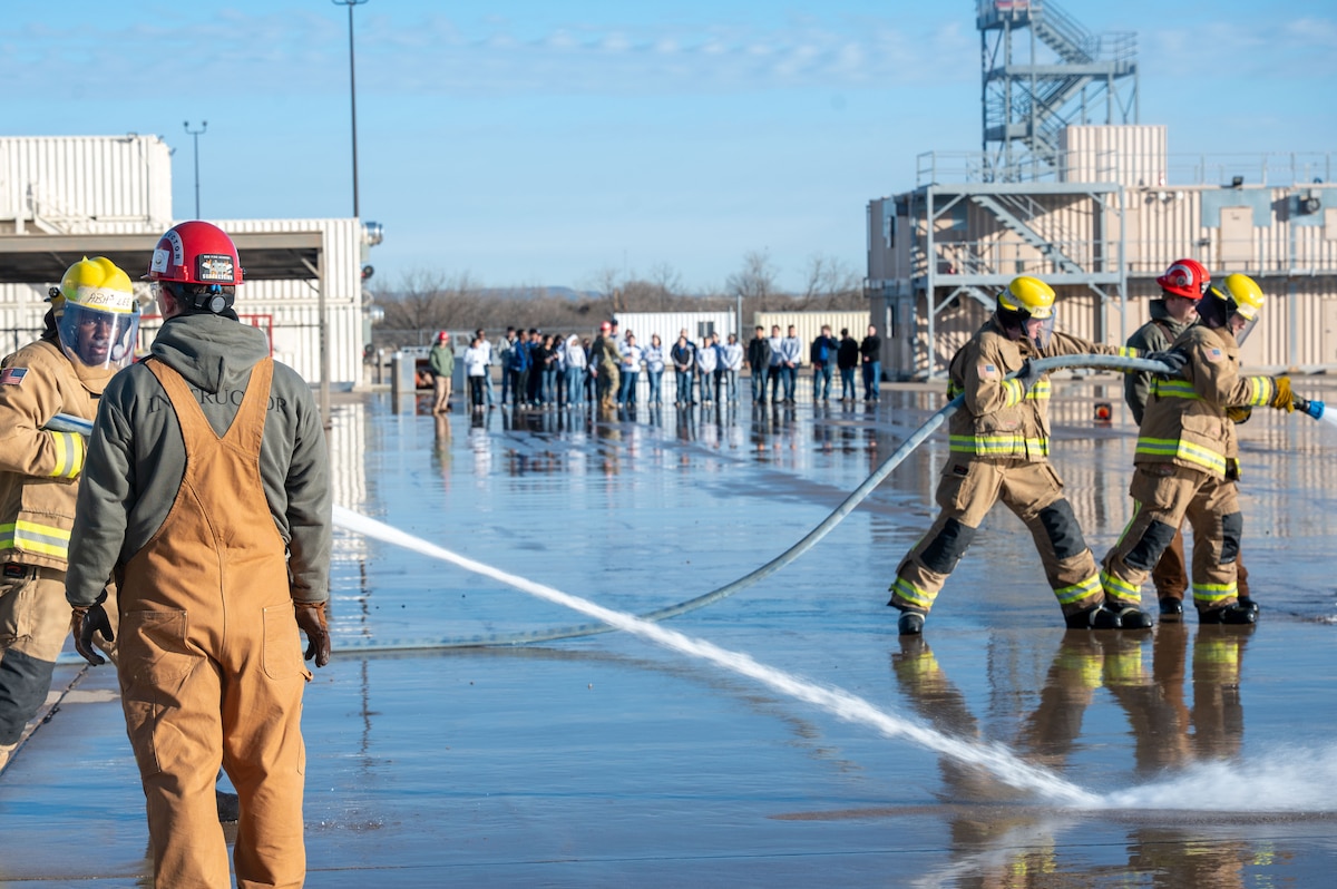 Students assigned to the 312th Training Squadron conduct day-to-day fire academy training while Lake View High School Junior Reserve Officers’ Training Corps cadets observe at Goodfellow Air Force Base, Texas, Feb. 4, 2026. The training showcased techniques used in emergency response scenarios. (U.S. Air Force photo by Senior Airman James Salellas) 

 Students assigned to the 312th Training Squadron conduct day-to-day fire academy training while Lake View High School Junior Reserve Officers’ Training Corps cadets observe at Goodfellow Air Force Base, Texas, Feb. 4, 2026. The training showcased techniques used in emergency response scenarios. (U.S. Air Force photo by Senior Airman James Salellas)