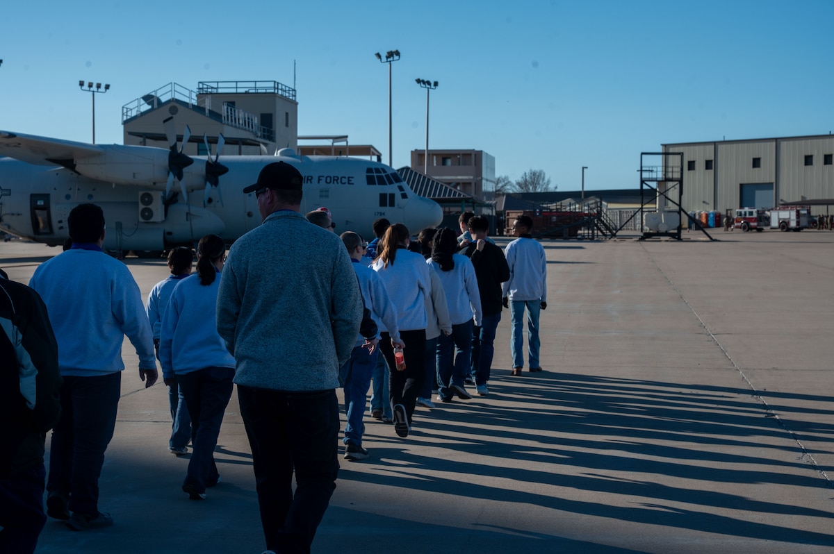 Lake View High School Junior Reserve Officers’ Training Corps cadets walk through the Louis F. Garland Fire Academy, during a visit to observe day-to-day training operations across Goodfellow Air Force Base, Texas, Feb. 4, 2026. The immersion introduced cadets to Air Force emergency management and firefighting operations. (U.S. Air Force photo by Senior Airman James Salellas)