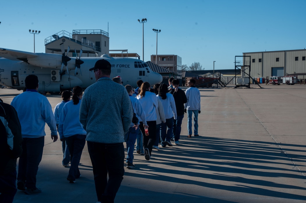 Lake View High School Junior Reserve Officers’ Training Corps cadets walk through the Louis F. Garland Fire Academy, during a visit to observe day-to-day training operations across Goodfellow Air Force Base, Texas, Feb. 4, 2026. The immersion introduced cadets to Air Force emergency management and firefighting operations. (U.S. Air Force photo by Senior Airman James Salellas)