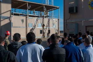 Airmen assigned to the 312th Training Squadron conduct ladder and elevated rescue training during a Louis F. Garland Fire Academy demonstration for Lake View High School Junior Reserve Officers’ Training Corps cadets at Goodfellow Air Force Base, Texas, Feb. 4, 2026. The experience highlighted the role Goodfellow plays in preparing mission-ready service members. (U.S. Air Force photo by Senior Airman James Salellas)