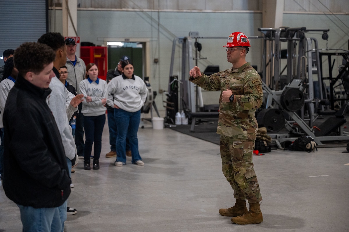 U.S. Air Force Staff Sgt. Trevor Britt, 312th Training Squadron Instructor, briefs the Lake View High School Junior Reserve Officers’ Training Corps cadets at the Louis F. Garland Fire Academy, Goodfellow Air force Base, Feb. 4, 2026. The visit reinforced the partnership between Goodfellow Air Force Base and the San Angelo community. (U.S. Air Force photo by Senior Airman James Salellas)