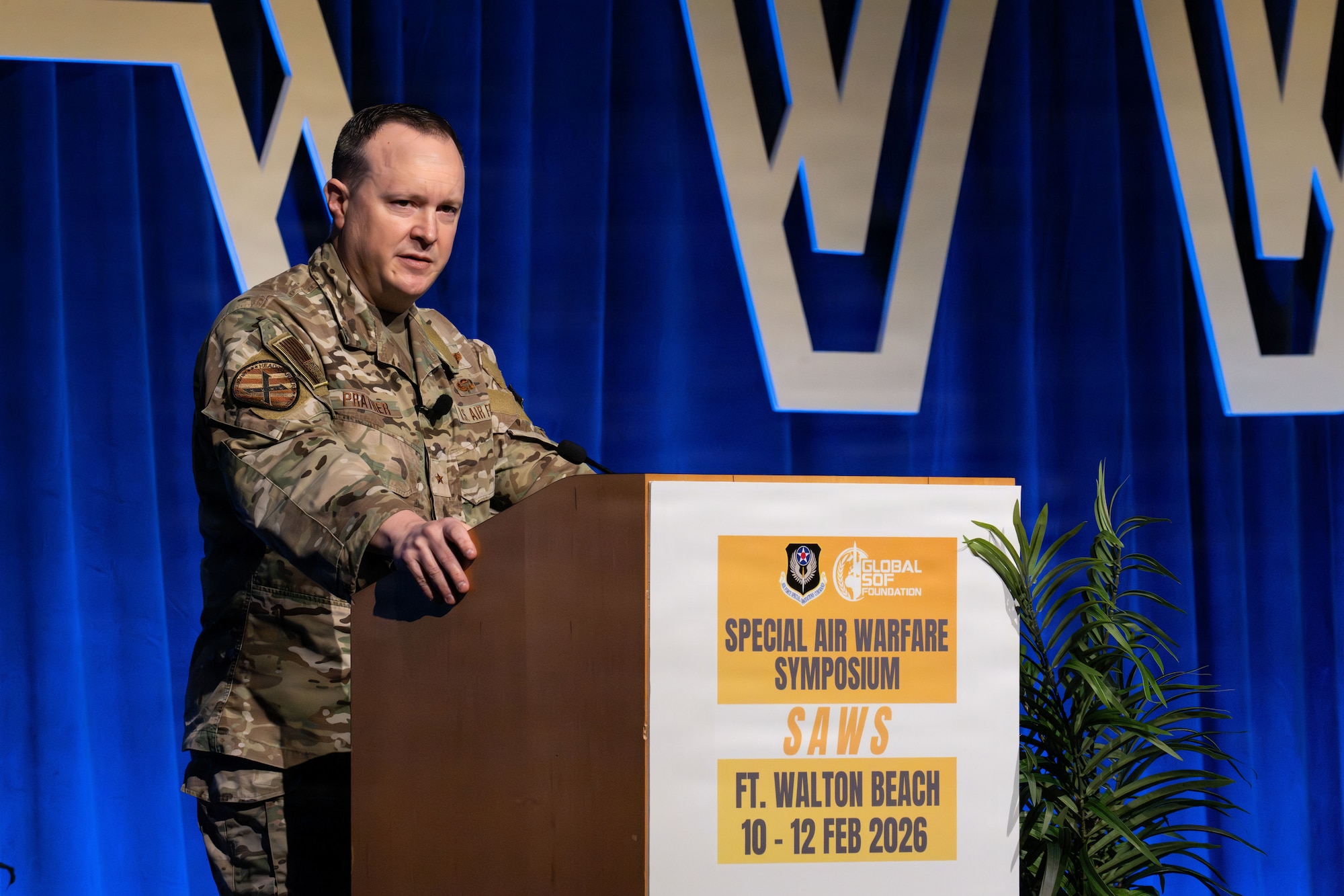 Brig. Gen. Craig Prather addresses attendees at the annual Special Air Warfare Symposium.
