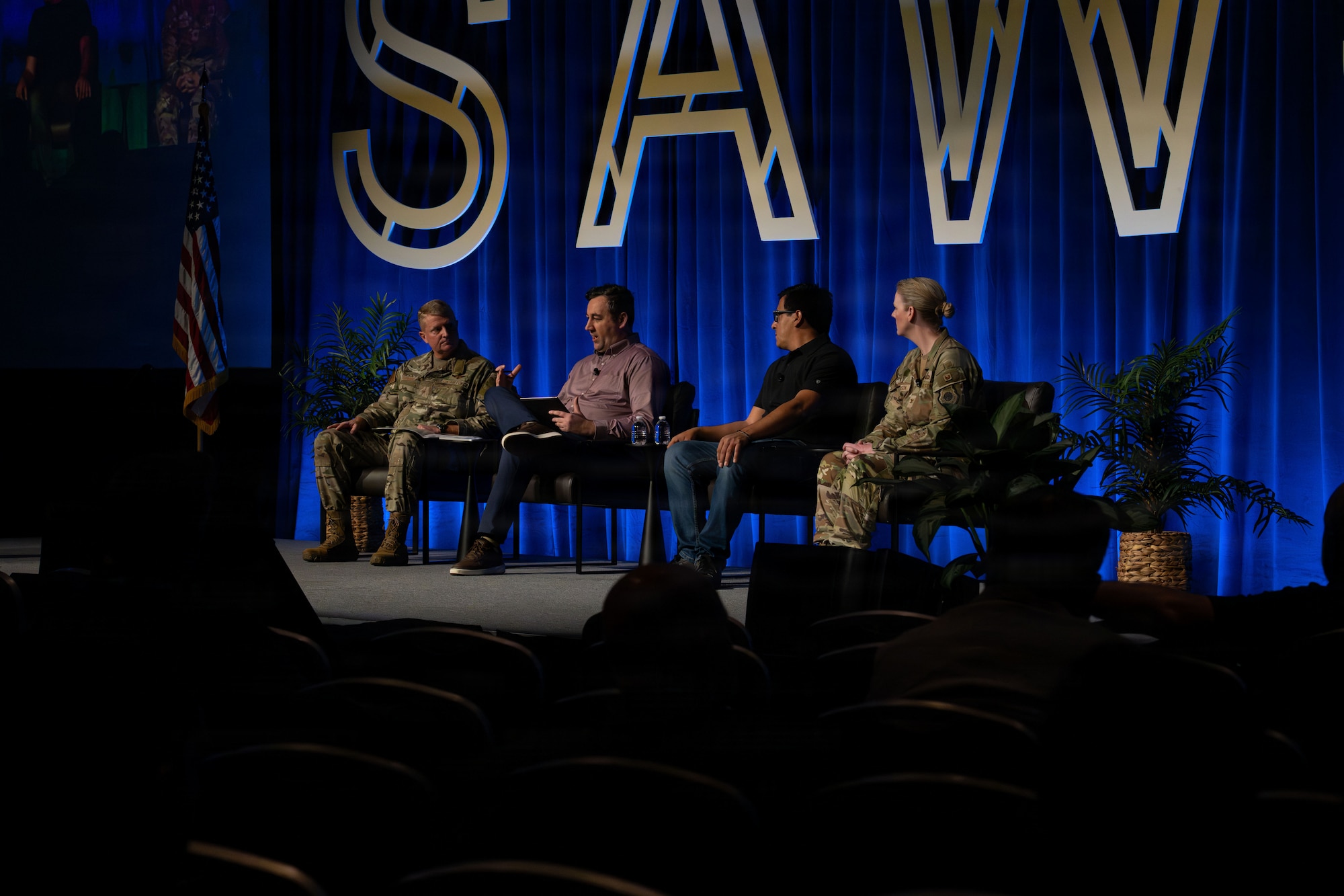 U.S. Air Force Brig. Gen. Clay Freeman, AFSOC director of operations, speaks with panel members at the annual Special Air Warfare Symposium and Expo (SAWS) in Fort Walton Beach, Florida, Feb. 12, 2026. The panel members spoke on the persistent need for intelligence, surveillance, and reconnaissance in the future fight.