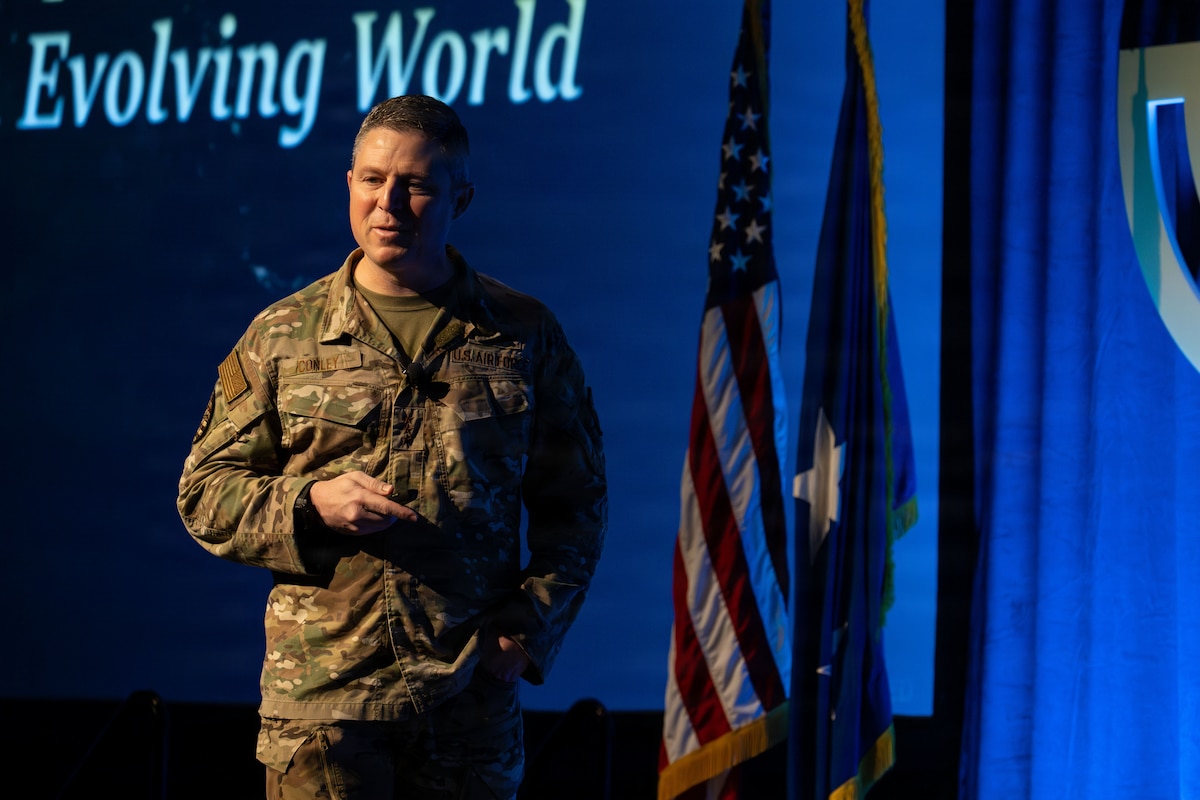 U.S. Air Force Lt. Gen. Mike Conley, Air Force Special Operations Command commander, delivers the opening keynote during the annual Special Air Warfare Symposium and Expo (SAWS) in Fort Walton Beach, Florida, Feb. 11, 2026