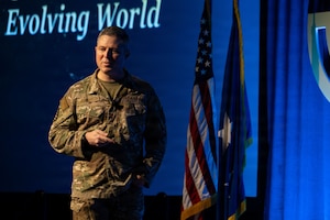 U.S. Air Force Lt. Gen. Mike Conley, Air Force Special Operations Command commander, delivers the opening keynote during the annual Special Air Warfare Symposium and Expo (SAWS) in Fort Walton Beach, Florida, Feb. 11, 2026