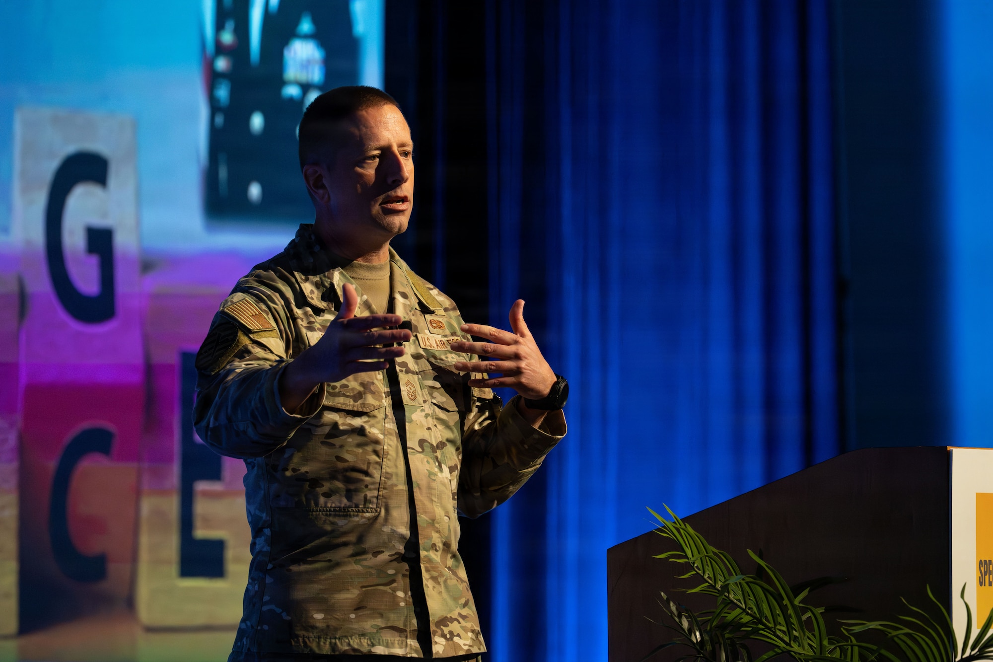 Chief Master Sgt. Courtney Freeman, command chief of Air Force Special Operations Command, delivers remarks during the opening keynote at the annual Special Air Warfare Symposium and Expo (SAWS) in Fort Walton Beach, Florida, Feb. 11, 2026