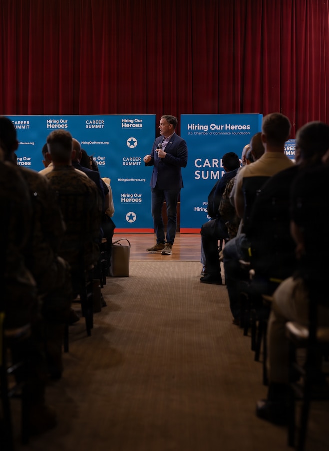 Chuck Hodges, vice president of military events for Hiring our Heroes, speaks to U.S. Marines about potential career paths during a career summit at the Pacific Views Event Center at Marine Corps Base Camp Pendleton, Calif., Feb. 10, 2026. The summit featured multiple guest speakers and offered resources and networking opportunities to facilitate career transitions. (U.S. Marine Corps photo by Sgt. Buck)
