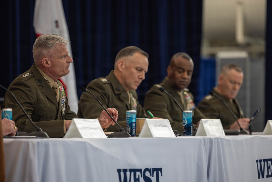 From left, U.S. Marine Corps Lt. Gen. Turner, commanding general of III Marine Expeditionary Force; Lt. Gen. Austin, deputy commandant for Combat Development and Integration and commanding general of Marine Corps Combat Development Command; Lt. Gen. Carter, deputy commandant for Information; and Lt. Gen. Swan, deputy commandant for Aviation, participate in a panel during the WEST 2026 Conference at the San Diego Convention Center in San Diego, Calif., Feb. 10, 2026. The conference provides Department of War leadership a focused venue to communicate priorities, highlight critical programs, shape joint maritime strategy and engage with partners who influence readiness and capability development. The WEST 2026 theme was “Sustaining Maritime Dominance: Warfighting Readiness for the Future Fight.” (U.S. Marine Corps photo by Cpl. Akamelu)