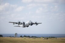 A KC-130J Super Hercules with Marine Aerial Refueler Transport Squadron 152, 1st Marine Aircraft Wing, departs Ie Shima Training Facility, Okinawa, Japan, Dec. 15, 2025.