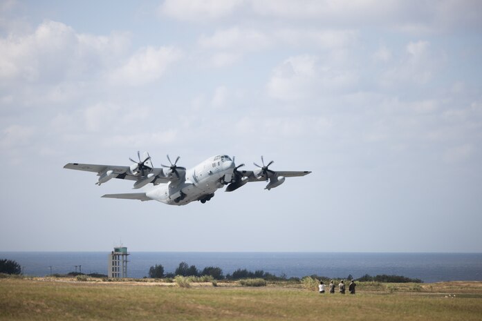 A KC-130J Super Hercules with Marine Aerial Refueler Transport Squadron 152, 1st Marine Aircraft Wing, departs Ie Shima Training Facility, Okinawa, Japan, Dec. 15, 2025.