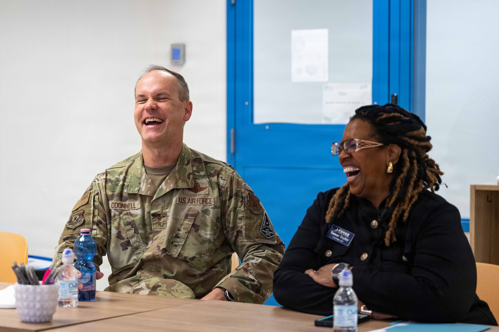 U.S. Air Force Maj. Gen. Jefferson O’Donnell laughs during a tour.