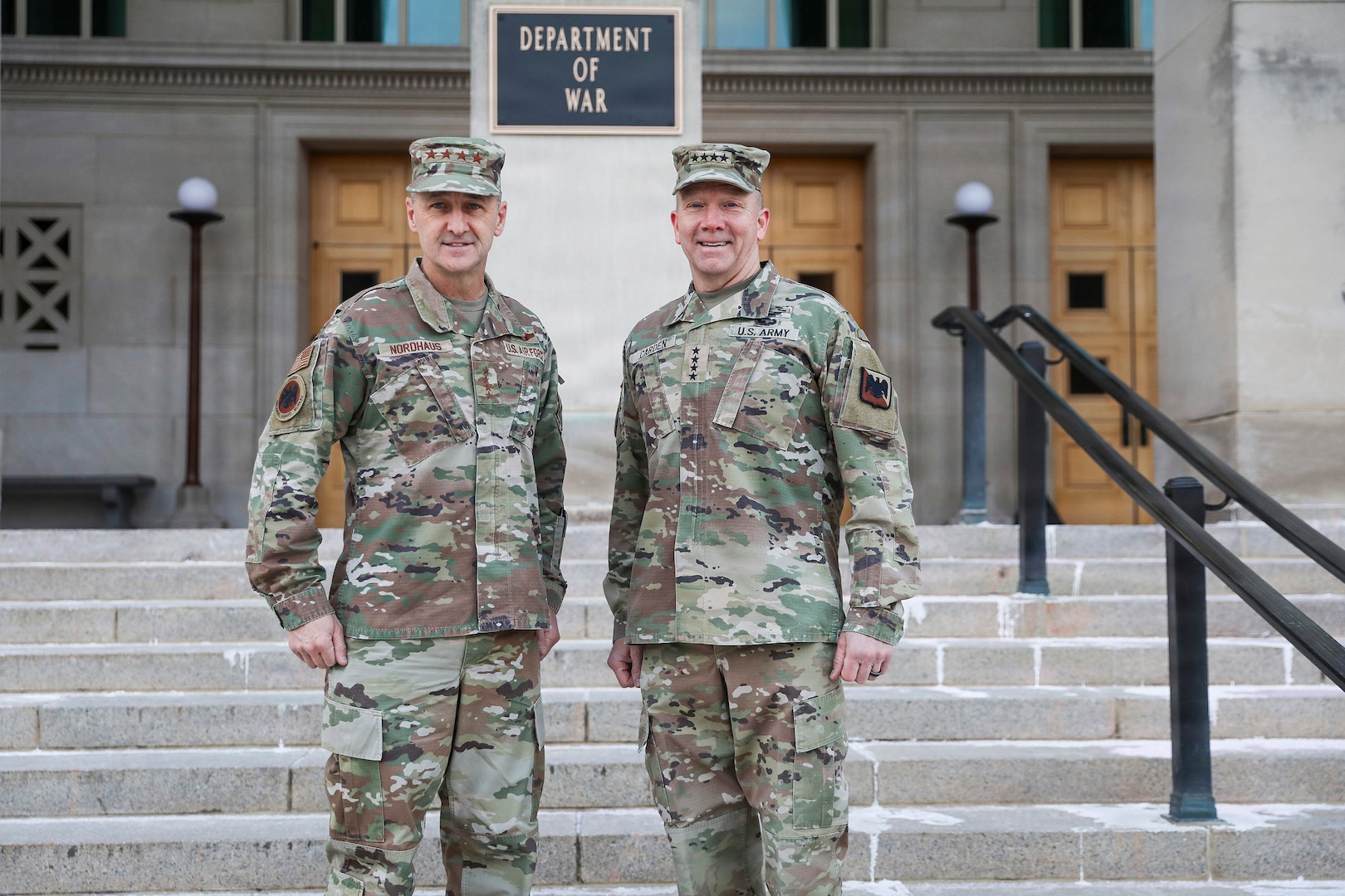Air Force Gen. Steve Nordhaus, the 30th Chief of the National Guard Bureau, left, welcomes Army Gen. Thomas Carden to the Pentagon as he assumes the role of the 13th Vice Chief of the National Guard Bureau, Arlington, Virginia, Feb. 3, 2026.
