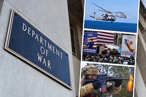 In a graphic, three photographs are stacked next to the Department of War sign on a building.