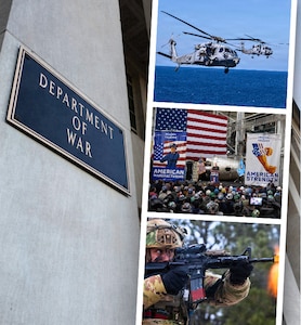 In a graphic, three photographs are stacked next to the Department of War sign on a building.
