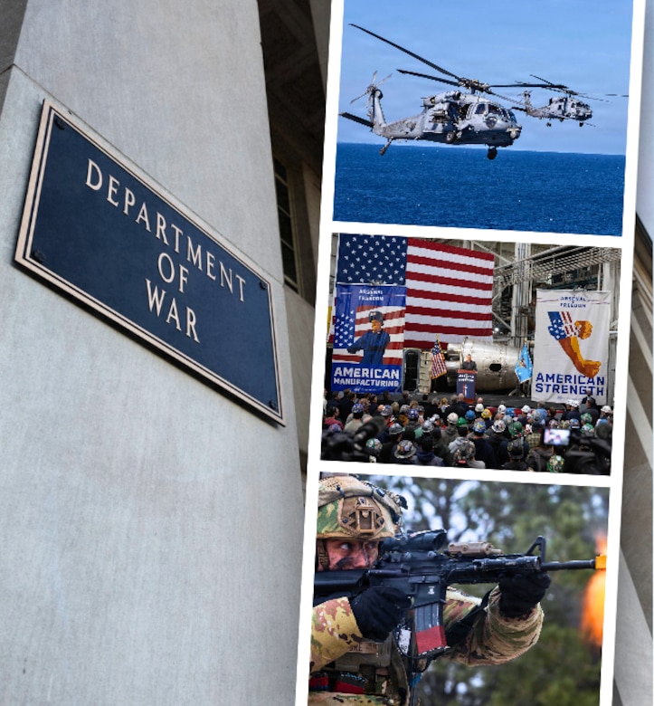 In a graphic, three photographs are stacked next to the Department of War sign on a building.