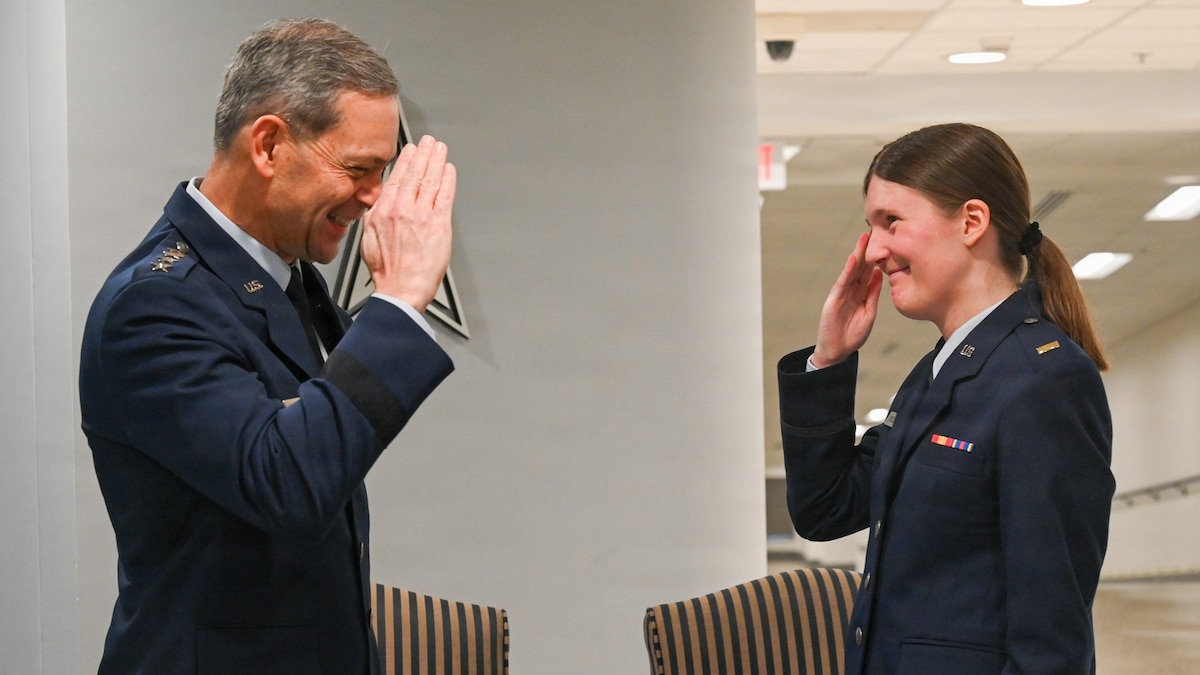Air Force Chief of Staff Gen. Ken Wilsbach returns a salute from 2nd Lt. Renata Russell after she received the U.S. Air Force Cadet of the Year award at the Pentagon, Arlington, Va., Jan. 30, 2026. Russell, a U.S. Air Force Academy graduate, was recognized as the top cadet for her outstanding performance and leadership. (U.S. Air Force photo by Tech. Sgt. Stuart Bright)