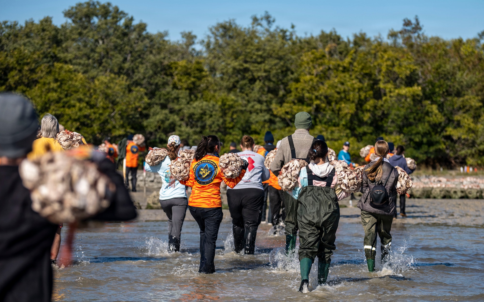 Volunteers from MacDill Air Force Base, the National Hockey League, Tampa Bay Watch, and Force Blue participate in the creation and placement of oyster shell bags during the Living Shoreline Project at MacDill Air Force Base, Florida, Jan. 29, 2026. The effort supports Phase I of the Living Shoreline Supplemental Project, a modification to the original shoreline restoration established in 2003. The oyster shells were donated by local restaurants through the Shells for Shorelines program. This partnership reinforces coastal resilience while offering base personnel opportunities to support efforts that directly impact mission readiness. The living shoreline also serves as a space for recreation and environmental education, benefiting both the installation and the surrounding community. (U.S. Air Force photo by Airman 1st Class Monique Stober)