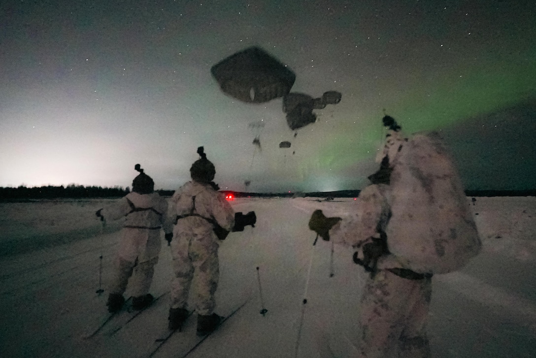 Three people wearing camouflage cold-weather military uniforms and skis observe several soldiers with parachutes falling in a green, starry night sky.
