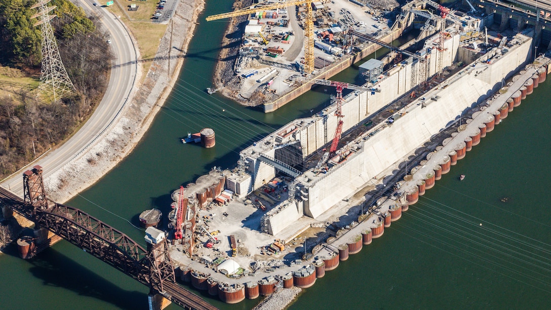 The U.S. Army Corps of Engineers Nashville District announces the award of the Approach Wall and Decommissioning Contract Feb. 12, 2026, to C.J. Mahan Construction Company. This is the final contract to complete the Chickamauga Lock Replacement Project at Tennessee River mile 471 in Chattanooga, Tennessee. This aerial photo of the project was taken Jan. 21, 2026. (USACE Photo)
