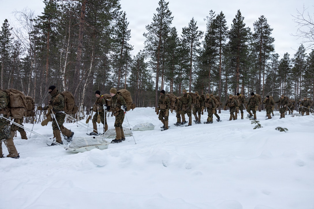U.S. Marines with 2nd Battalion, 6th Marine Regiment, 2nd Marine Division, participate in a cold-weather troop movement during Exercise Cold Response 26 in Setermoen, Norway, Feb. 2, 2026. Exercise Cold Response 26 is a Norwegian-led winter military exercise designed to enhance collective defense capabilities and ensure U.S. readiness to rapidly deploy and seamlessly operate alongside NATO Allies in challenging arctic conditions. (U.S. Marine Corps photo by Cpl. Judith Ann Lazaro)